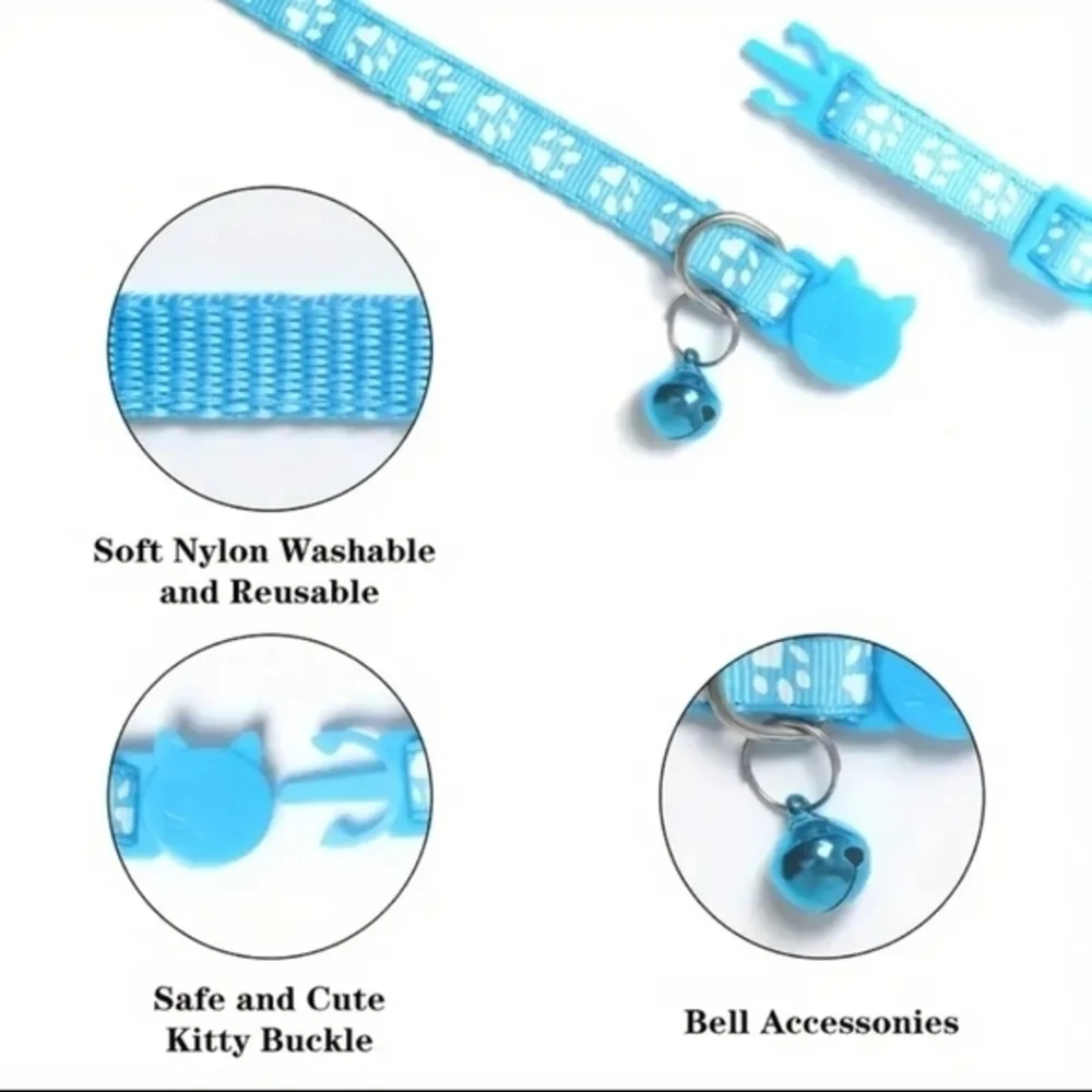 Adjustable Reflective Footprint with Bell Dog Cat Collar Nylon Sky Blue‎